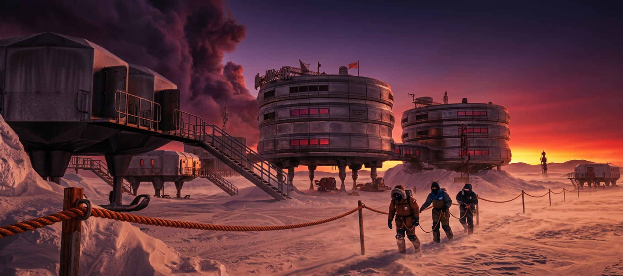 White Mars — Antarctic station exterior at sunset